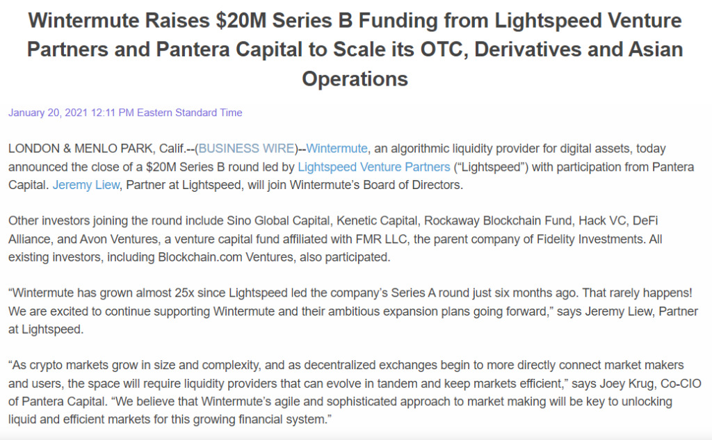 Wintermute Secures $20M Series B Funding Source: Business Wire