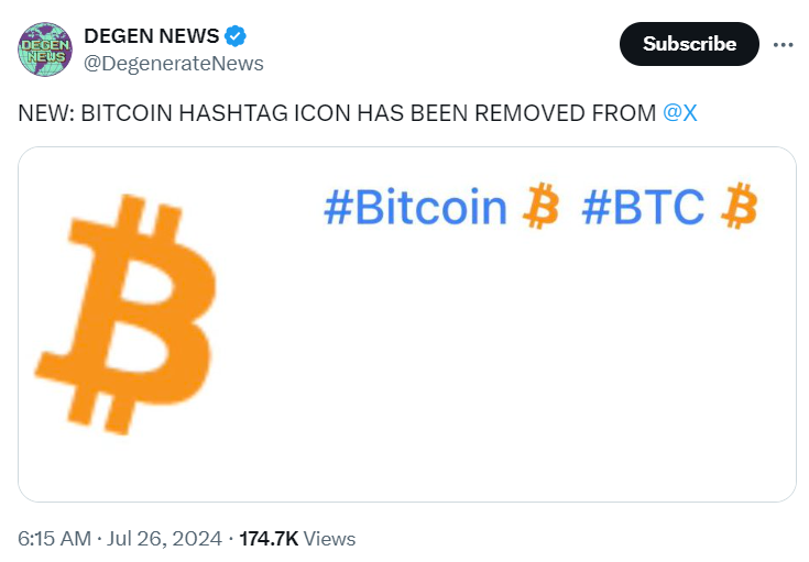 Bitcoin Emoji Removed: Source - Degen News X