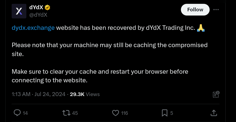 Crypto news: dYdX Website Recovers After DNS Attack