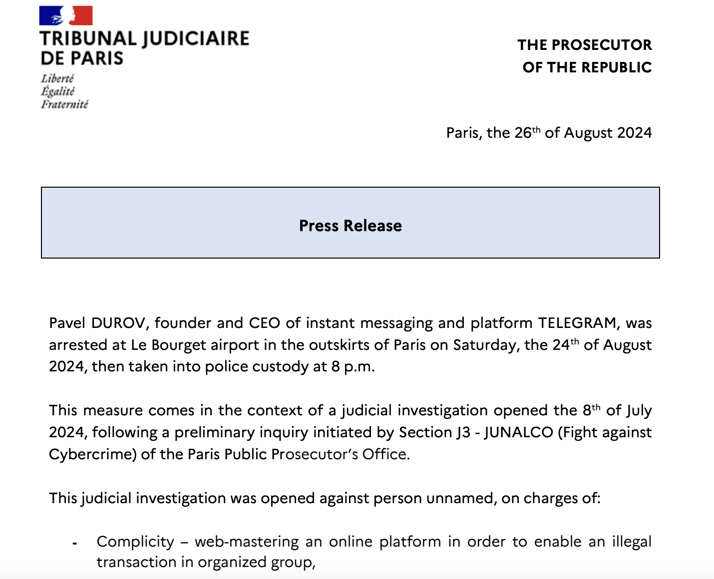 Official Press Release on Pavel Durov’s Arrest by Paris Prosecutor (Source: Tribunal Judiciaire de Paris