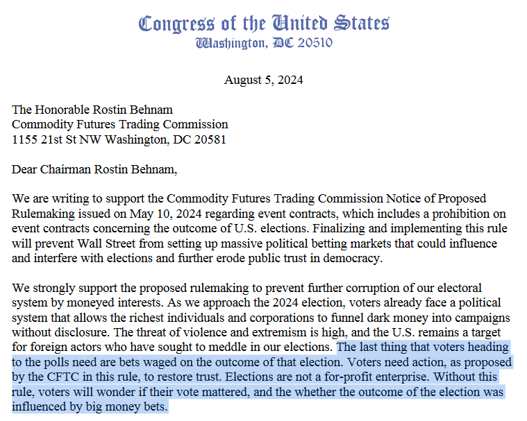Lawmakers’ letter to CFTC Chair Rostin Benham. Source: Congress
