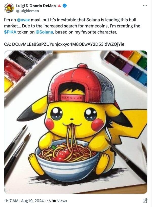 PikaCoin Promotion from Luigi D'Onorio DeMeo's Hacked X Account"
Source: Luigi D'Onorio DeMeo's