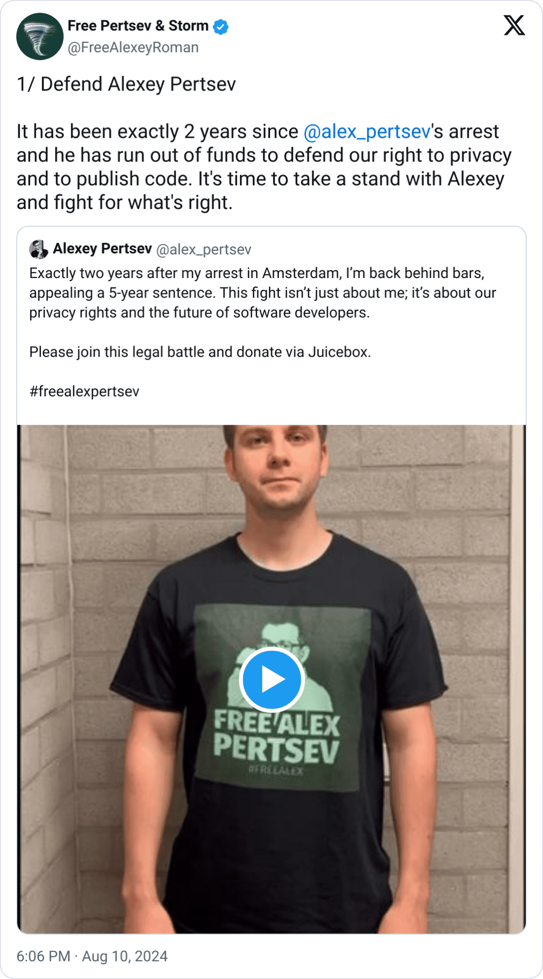 Support for Alexey Pertsev"
Source: Free Pertsev & Storm,