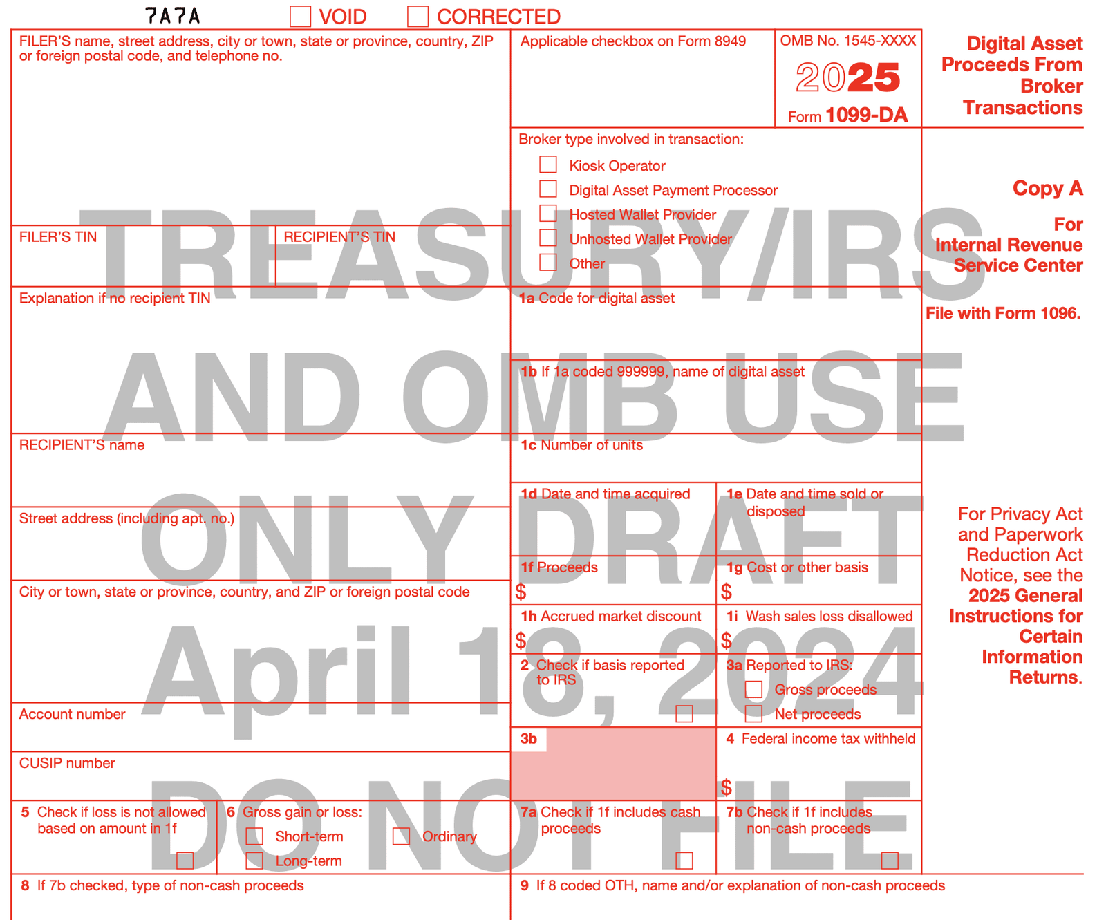The 2025 draft 1099-DA IRS reporting form. Source: IRS.gov