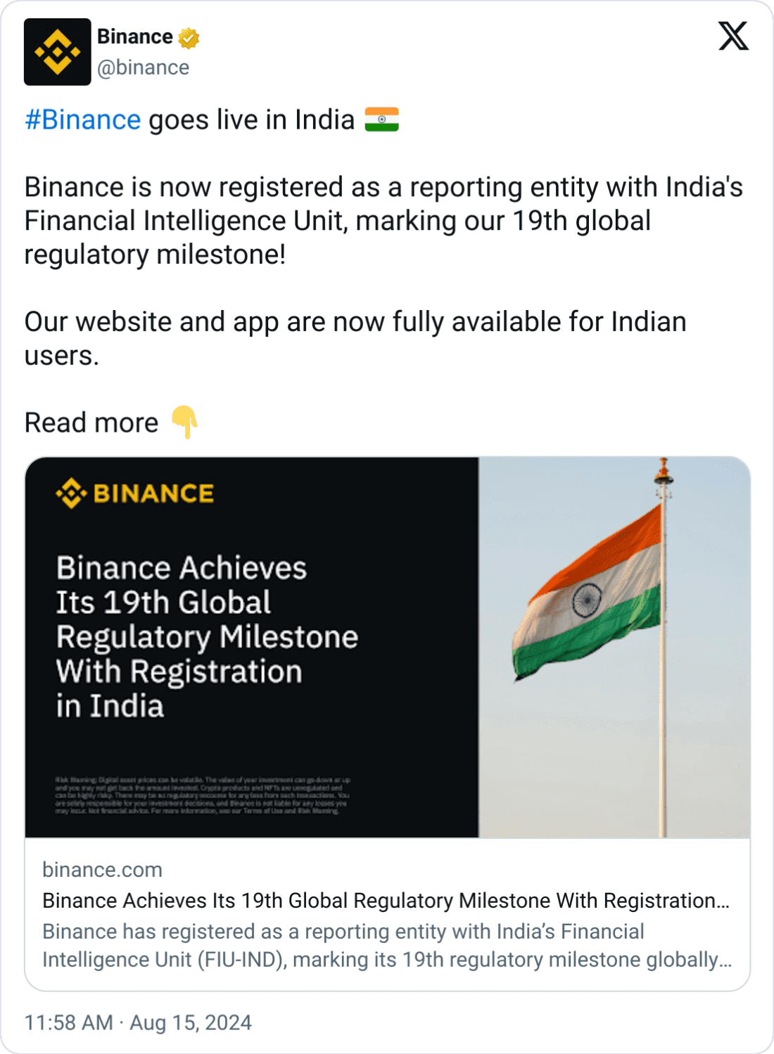 Binance India Comeback"Source: Binance
