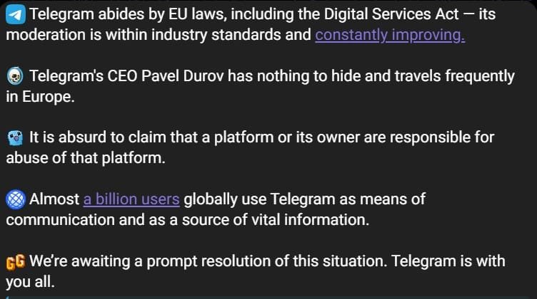 Telegram’s Official Statement on Pavel Durov Detention (Source: Telegram
