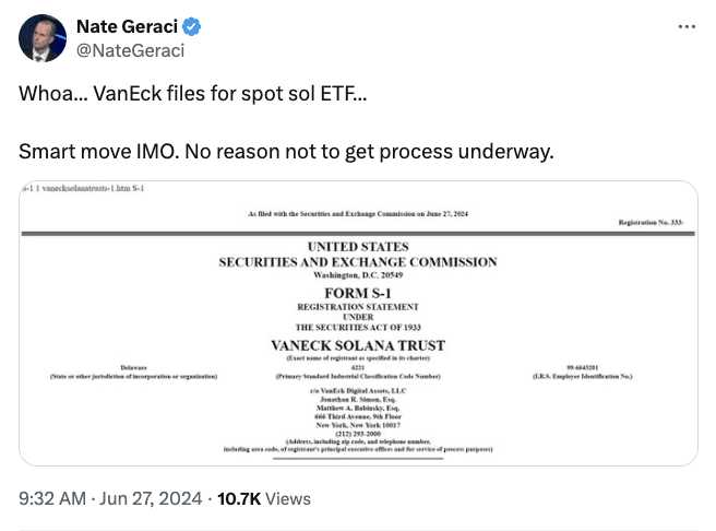 VanEck’s Solana ETF Filing"
Source: Nate Geraci (@NateGeraci)