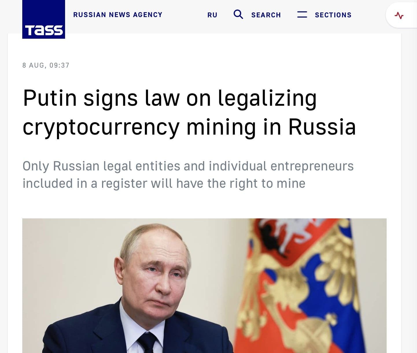 Russia's Crypto Mining Law Signed"
Source: TASS