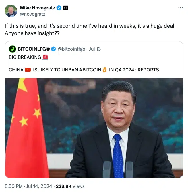 Mike Novogratz on China’s Potential Bitcoin Unban - Source: @novogratz