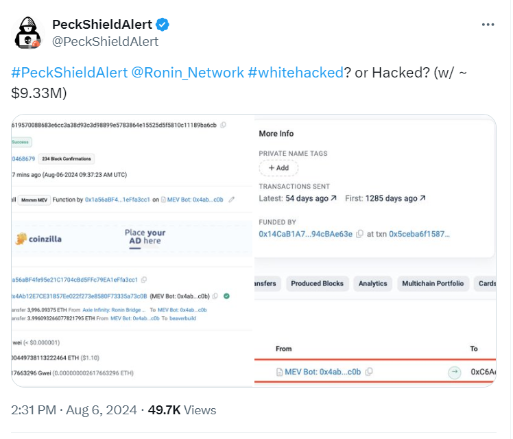 Ronin Network Exploit Overview
Source: PeckShieldAlert