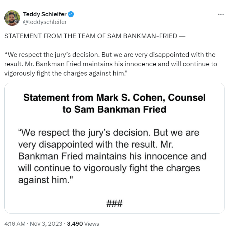 Statement from Sam Bankman-Fried's Counsel - Source: Teddy Schleifer 