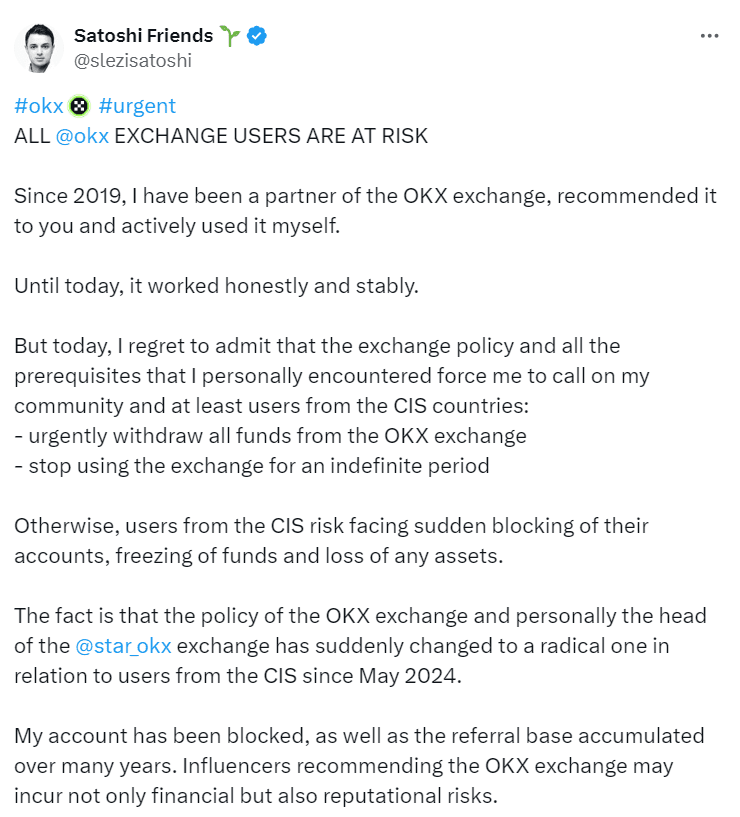 Satoshi Friends Warns CIS Users to Withdraw from OKX Immediately"Source: Satoshi Friends