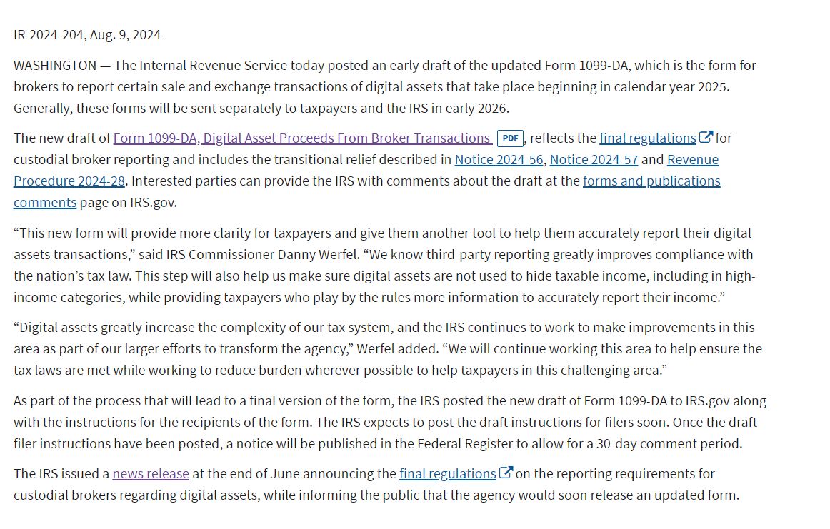 IRS's New Draft on Crypto Reporting Form 1099-DA Released"Source: IRS (Internal Revenue Service)