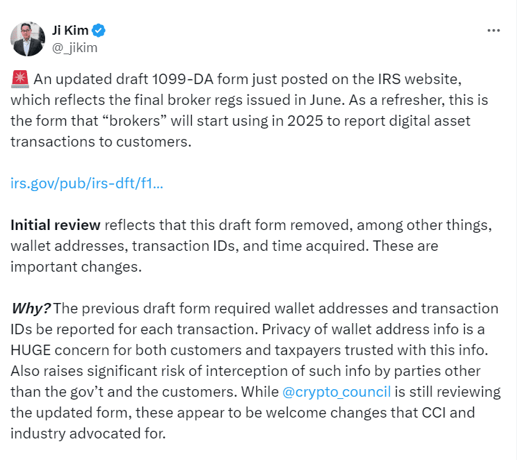 Key Changes in IRS Draft Form 1099-DA Highlighted by Industry Expert"Source: Twitter post by Ji Kim