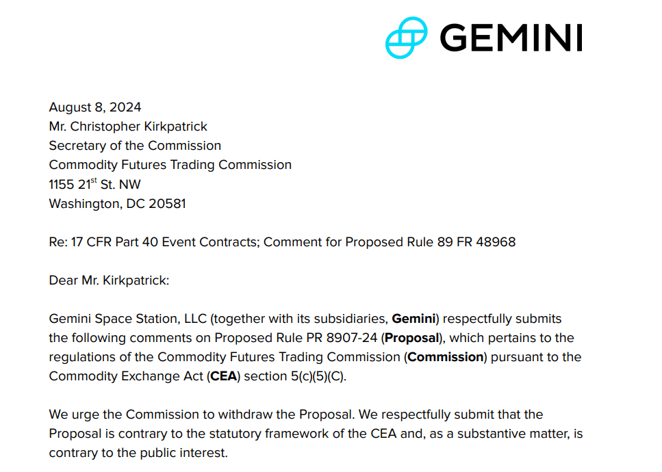  Gemini Urges CFTC to Withdraw Event Contracts Rule - Source: Gemini