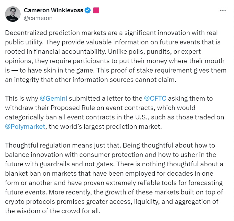 Cameron Winklevoss Defends Crypto Prediction Markets - Source: Twitter (@cameron