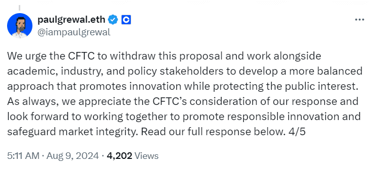 Paul Grewal Calls for Balanced CFTC Regulation - Source: Twitter (@iampaulgrewal