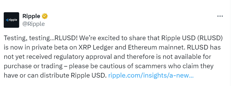Ripple USD Testing Announcement on Twitter"

Source: @Ripple on Twitter