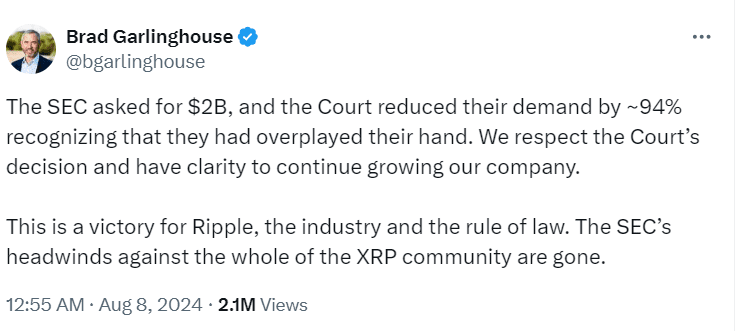 Brad Garlinghouse on SEC Court Ruling"

Source: @bgarlinghouse on Twitter