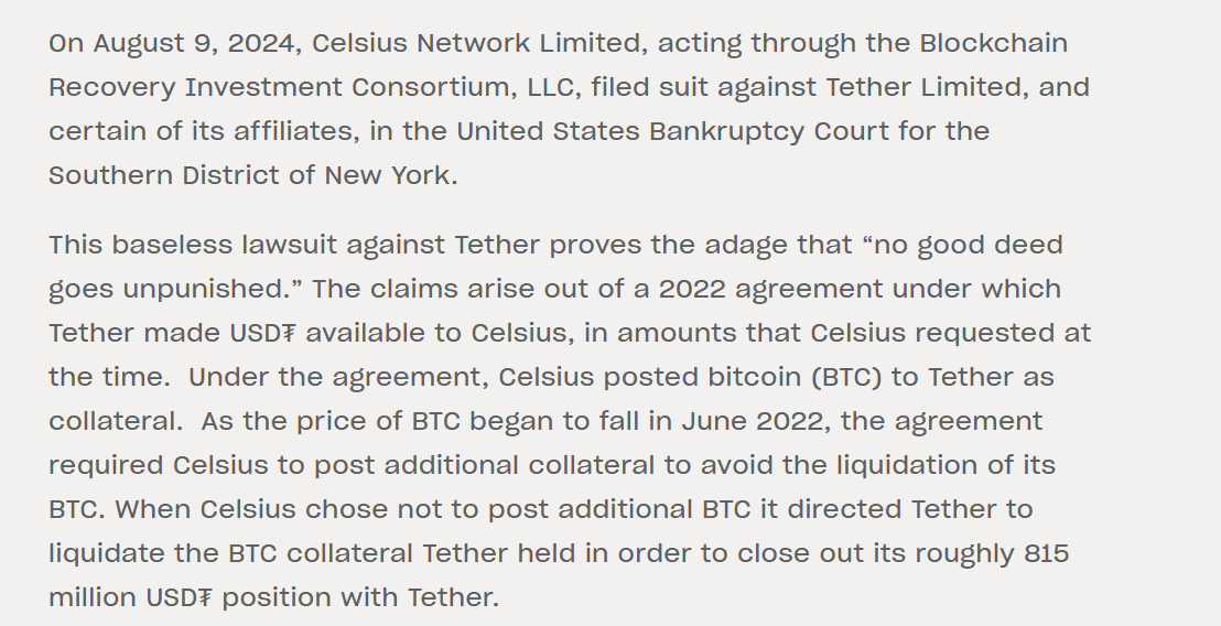 Celsius Sues Tether Over Bitcoin Collateral