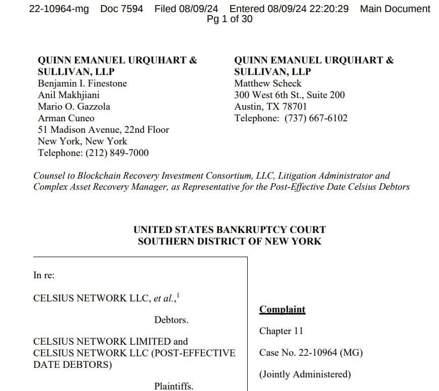  Celsius Bankruptcy Complaint Filed Against TetherSource: United States Bankruptcy Court, Southern District of New York