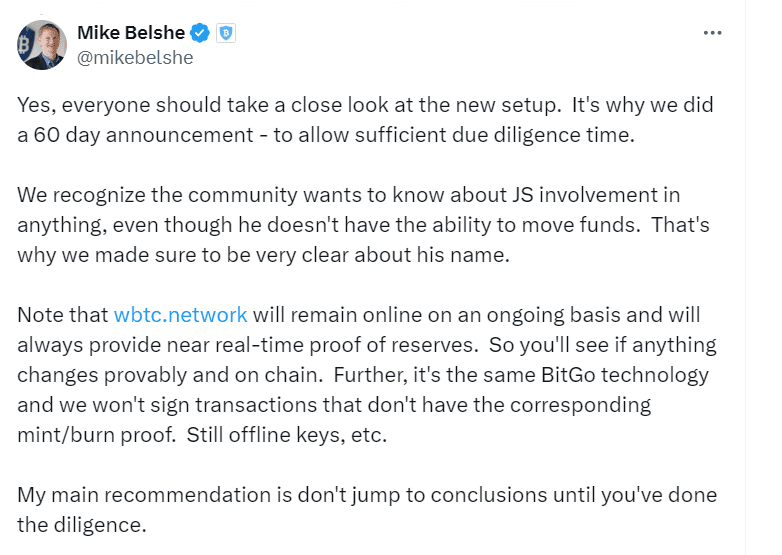 BitGo CEO Urges Due Diligence on WBTC Setup"
Source: Mike Belshe