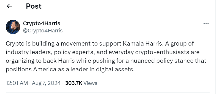 Crypto4Harris Mobilizes Support for Kamala Harris - Source: @Crypto4Harris 