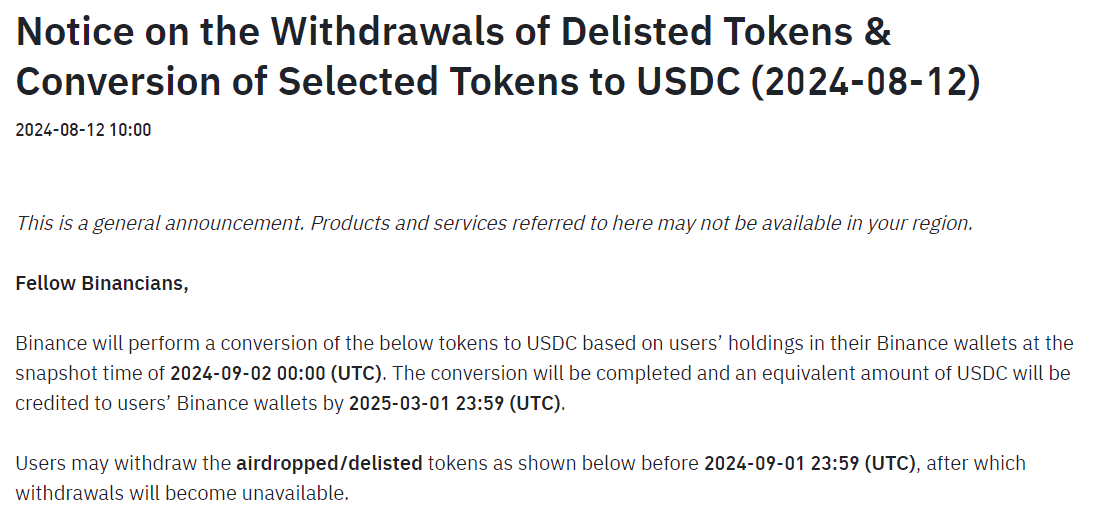  Binance Delisting Notice - Token Conversion to USDC (Source: Binance