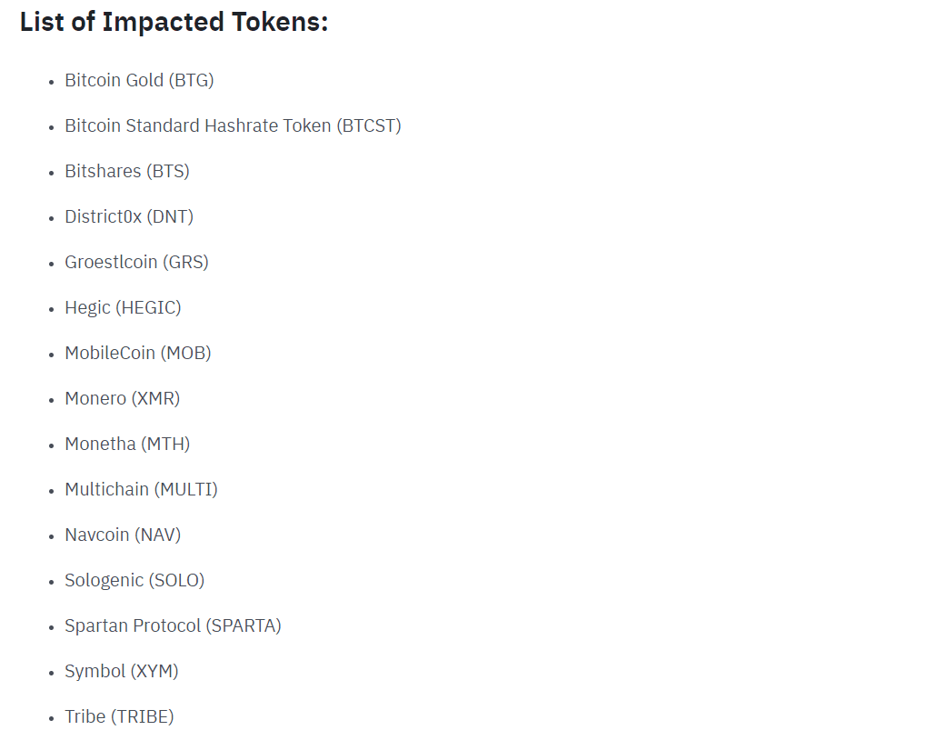 Binance Delisting - List of Impacted Tokens (Source: Binance