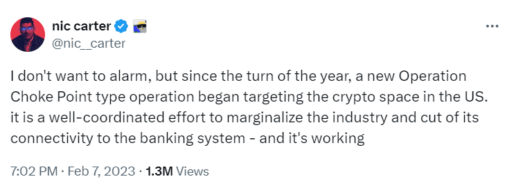Operation Choke Point 2.0: Crypto Industry Targeted"Source: Nic Carter