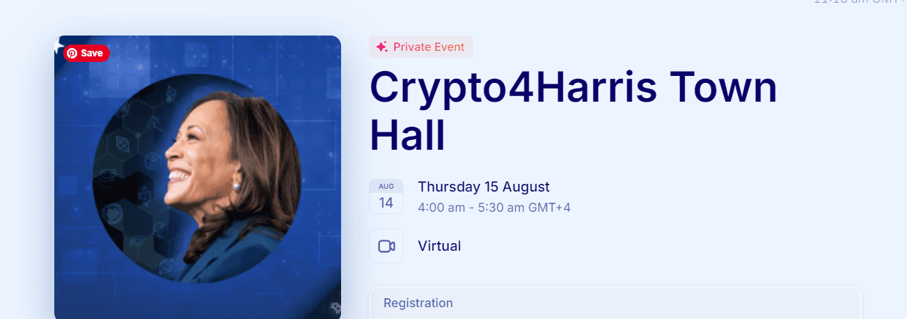 Crypto4Harris Virtual Event Snapshot"
Source: Screenshot from the Crypto4Harris Town Hall Event webpage