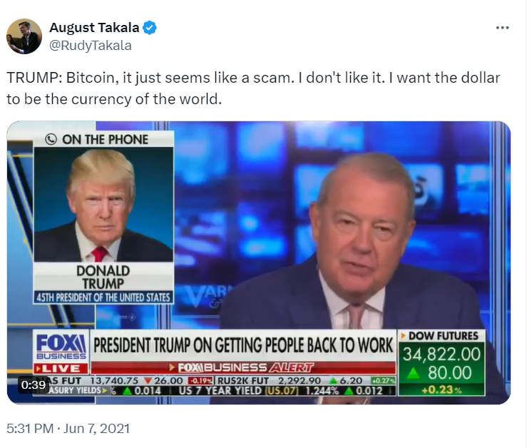 Trump Calls Bitcoin a Scam on Fox Business"
Source: Screenshot from a tweet by August Takala (@RudyTakala)