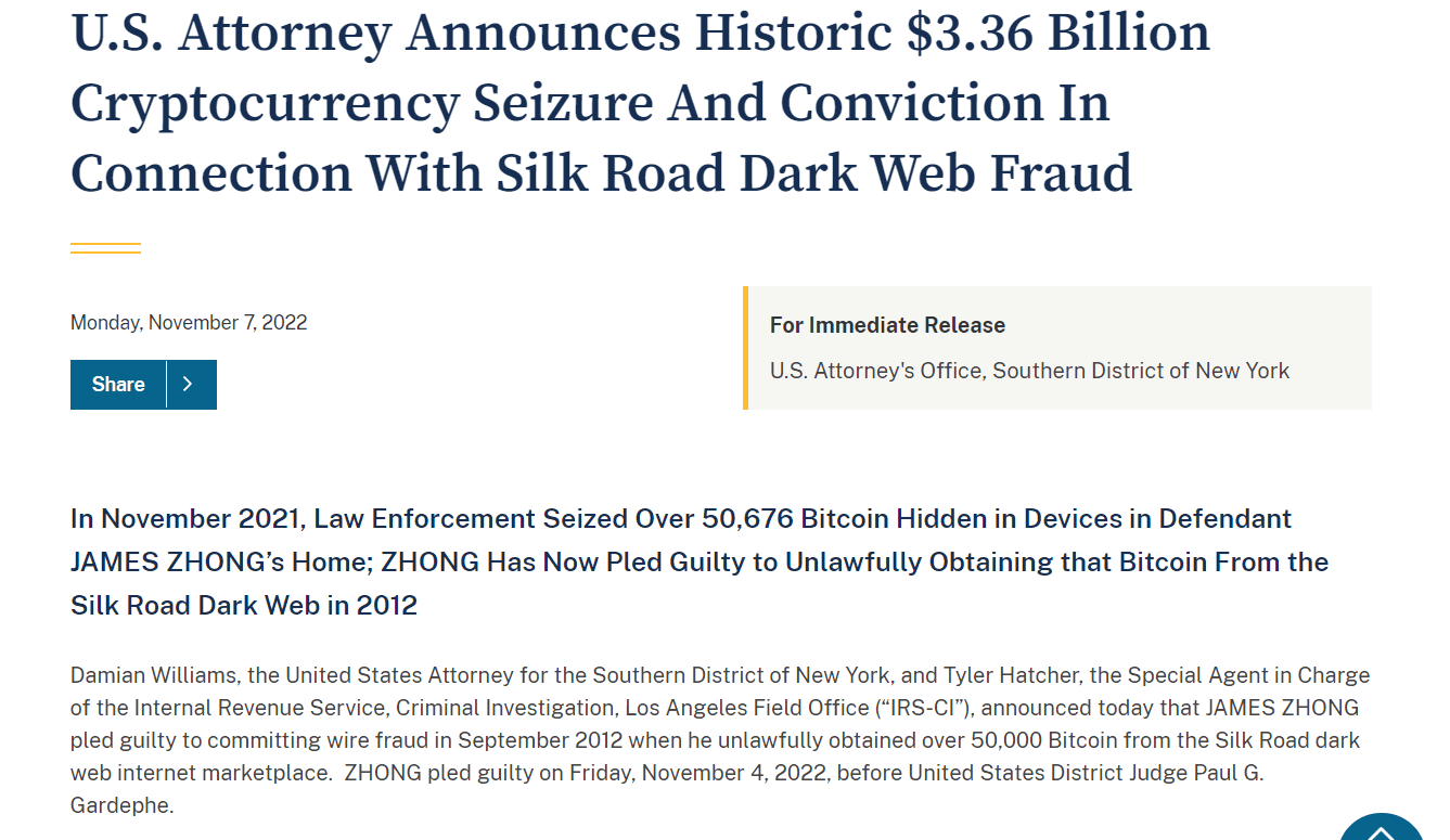 Historic $3.36B Silk Road Bitcoin Seizure by U.S. DOJ"Source: U.S. Attorney’s Office, Southern District of New York