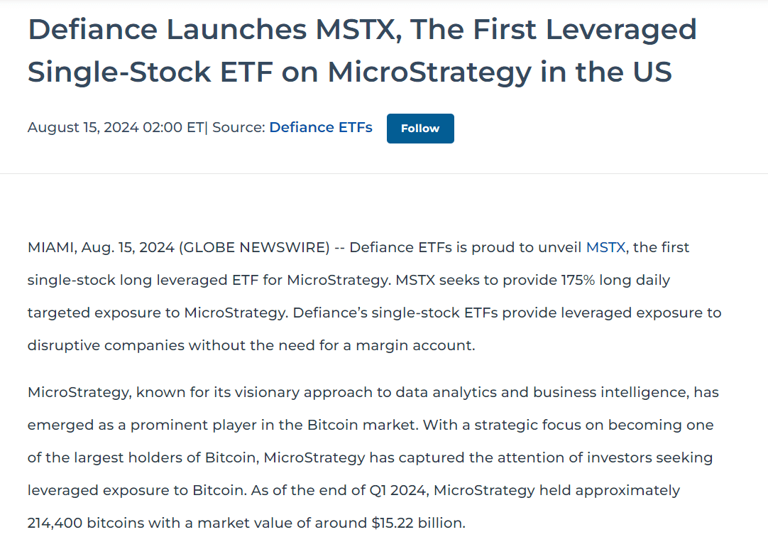 MSTX Launch: Defiance Unveils First Leveraged Single-Stock ETF on MicroStrategy"
Source: Defiance ETFs