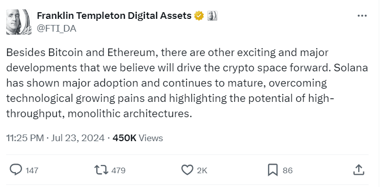 Solana’s Rising Potential"
Source: Franklin Templeton Digital Assets (@FTI_DA)
