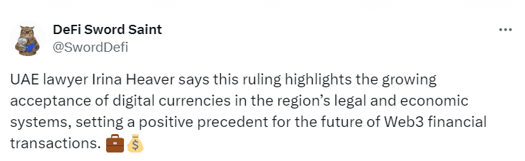 Legal Milestone for Crypto in UAE"
Source: DeFi Sword Saint 