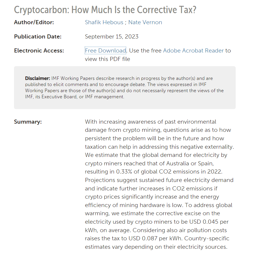 IMF Study on Corrective Tax for Crypto Mining Emissions"
Source: International Monetary Fund (IMF) Working Paper by Shafik Hebous and Nate Vernon,
