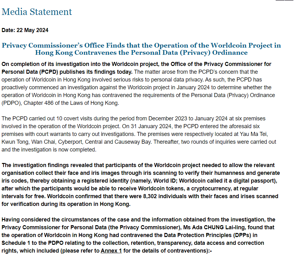 Hong Kong Privacy Commissioner Finds Worldcoin in Violation of Data Ordinance" Source: Office of the Privacy Commissioner for Personal Data (PCPD), Hong Kong