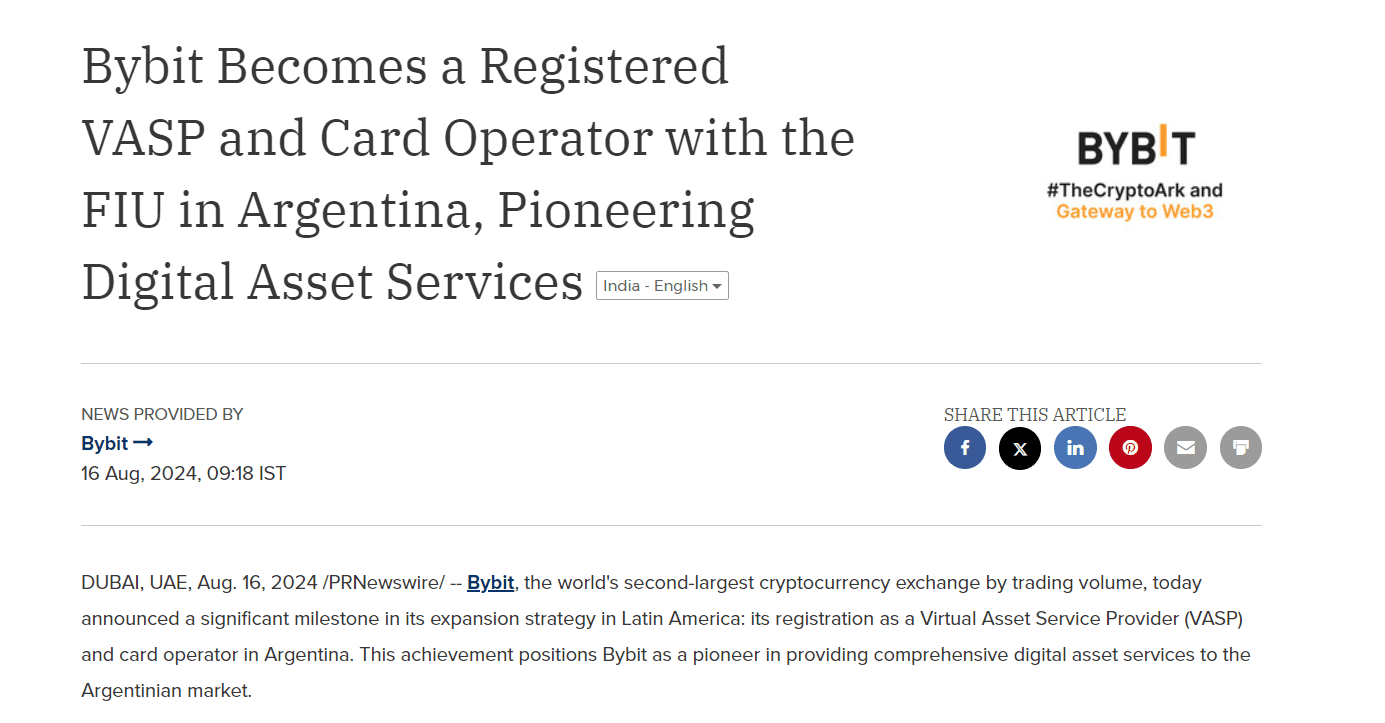 Bybit Secures VASP Status in Argentina - PRNewsWire