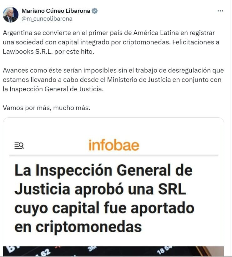 Argentina Registers First Crypto-Backed Company - Mariano Cúneo Libarona