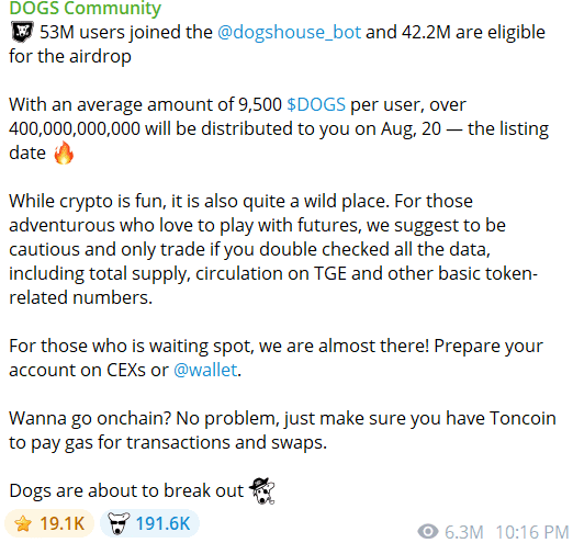 DOGS Airdrop and Listing Details - Source: Telegram"