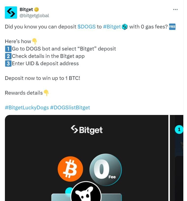 Deposit with Zero Gas Fees - Source: Bitget 