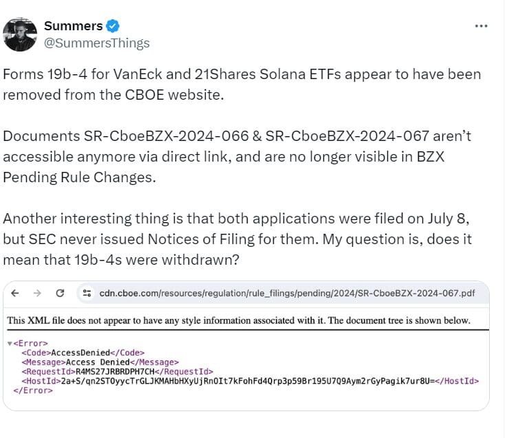  Cboe’s 19b-4 Forms for Solana ETFs Removed (Source: @SummersThings)