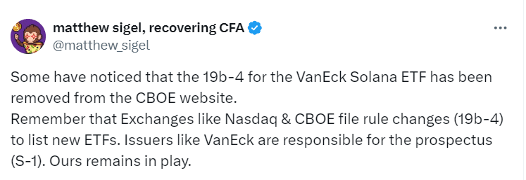 VanEck Solana ETF 19b-4 Removed from Cboe (Source: @matthew_sigel