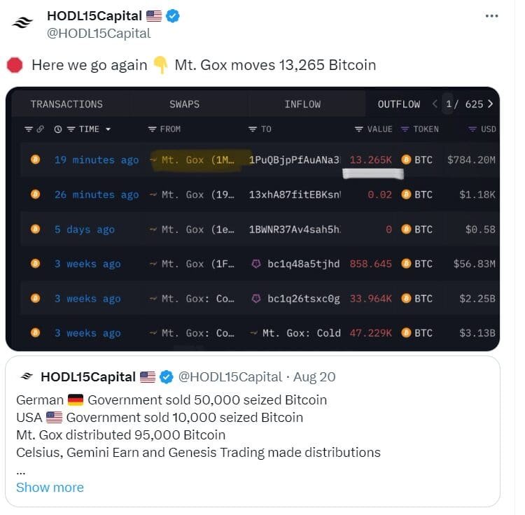 Mt. Gox Moves 13,265 Bitcoin - HODL15Capital