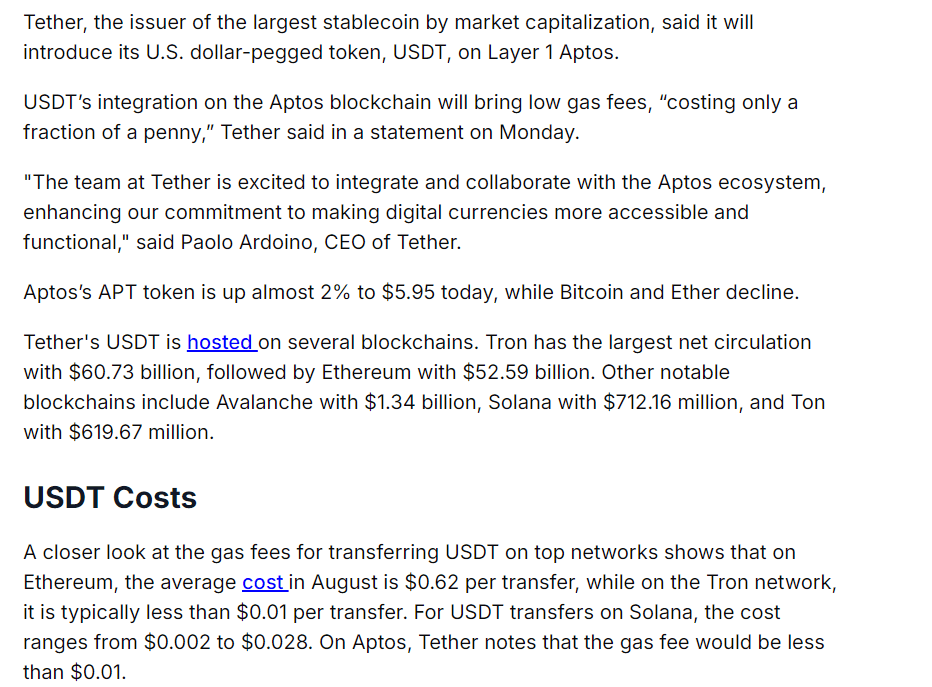 Tether USDT on Aptos Blockchain - Source: TheDefiant.io