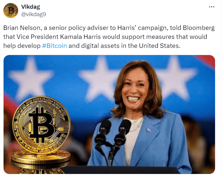 Kamala Harris Supports Bitcoin Growth (Source: @vikdag9