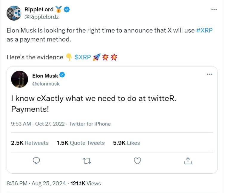 RippleLord's Claim: Elon Musk to Announce XRP Payments on X?"Source: Screenshot from RippleLord