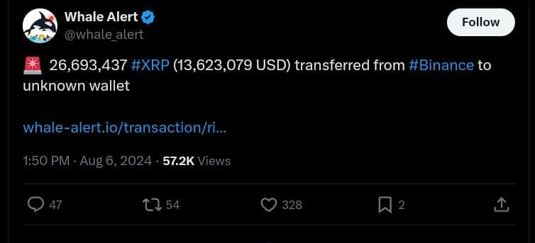 Whale Alert reported a major transfer of over 26 million XRP