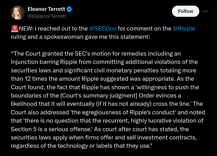 Eleanor Terrett obtained a statement from the SEC in Ripple vs SEC case